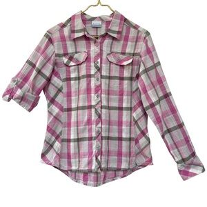 Columbia Pink Gray Plaid Button Down Roll-Tab Sleeve Shirt Cotton Women’s Large